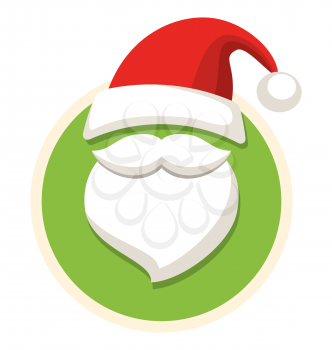 Circle Christmas Label Icon Flat with Santa Hat and Beard Isolated on White Background