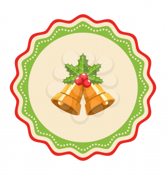 Wavy Christmas Label Icon Flat with Bells and Holly Isolated on White Background