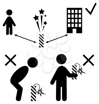 Set of Pyrotechnics Safety Precaution Measures Information Rules Flat Black Pictograms People Icons Isolated on White Background