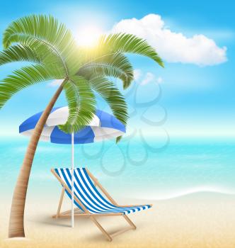 Beach with Palm Clouds Sun Beach Umbrella and Beach Chair. Summer Vacation Background