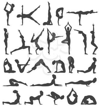 Yoga Poses Collection Set Black Icons Isolated on White Background