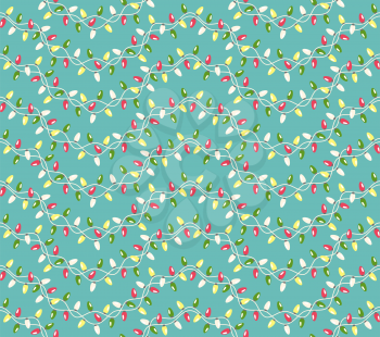 Seamless Winter Holidays Pattern with Christmas Lights Isolated on Blue Background