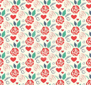 Seamless Love Abstract Pattern with Roses Flowers and Hearts on White Background