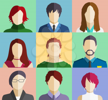 Set of People Faces Avatars Flat Icons on Different Color Background