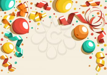 Festive Celebration Concept with Colorful Balloons Ribbons and Confetti Isolated on Beige Background