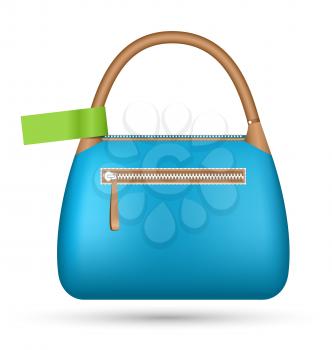 Blue woman spring bag with green sticker isolated on white background