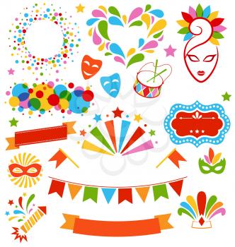 Set Collection of Festive Colorful Carnival Masquerade Icons Isolated on White Background