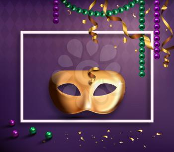Carnival Mask Concept with Frame Confetti and Ribbons on Purple Background