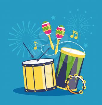 Fireworks and Musical Instruments on Blue Background