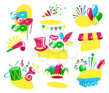 Bright Carnival Festive Labels Signs Icons Collection Isolated on White Background