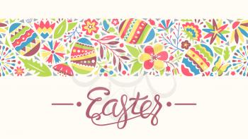 Easter Seamless Ornament Line with Eggs and Flowers Isolated on Beige Background