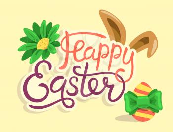 Happy Easter Lettering with Rabbit Egg and Flower Isolated on Yellow Background