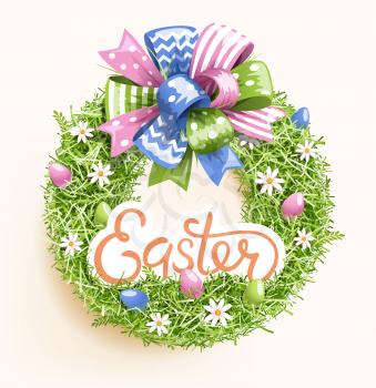 Easter Festive Grass Wreath with Bow Egg Flower on Beige Background