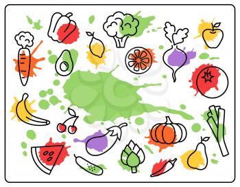 Healthy Food Vegetables and Fruits Bright Blots Icons Isolated on White Background