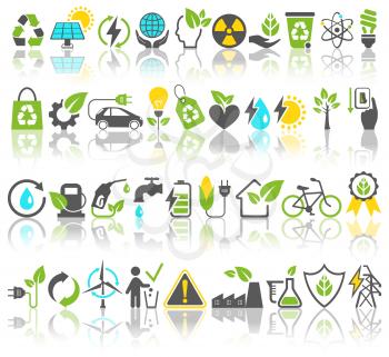 Eco Friendly Bio Green Energy Sources Icons Signs Set with Reflection Isolated on White Background