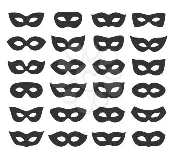 Set Collection of Black Carnival Masquerade Masks Icons Isolated on White Background