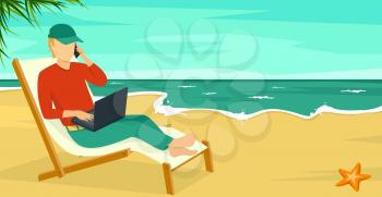 Best Work Concept Beach Summer Sea Background with Man and Laptop