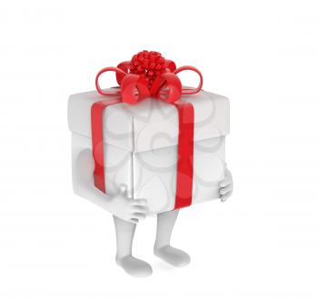 Small person with box-gift instead of head on white background