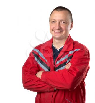 Happy technician with crossed hands isolated on white