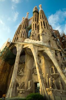 Facade of the Sagrada Familia Cathedral at Barcelona, Spain