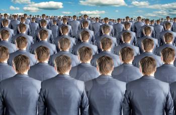 Rear view of many identical businessmen clones