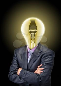 Portrait of businessman with glowing bulb instead of the head