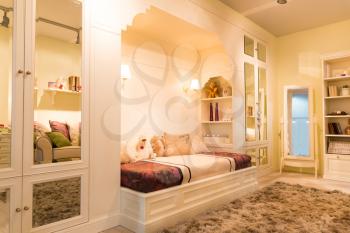 Modern comfortable bedroom interior closeup