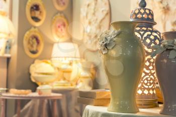 Ceramic vase in vintage interior closeup 