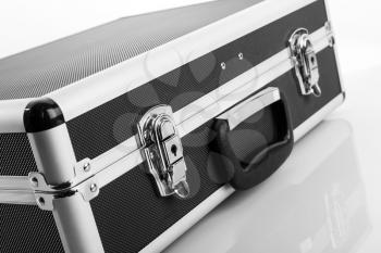 Metal briefcase for money isolated on white background closeup picture