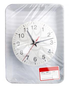 Wrapped plastic white food container with clock and blank label isolated