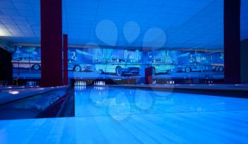 Interior of vintage bowling hall. Ultraviolet luminosity