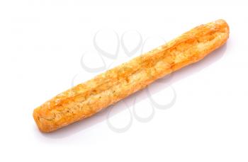Crispy yellow baguette. Isolated over white. Tasty food.