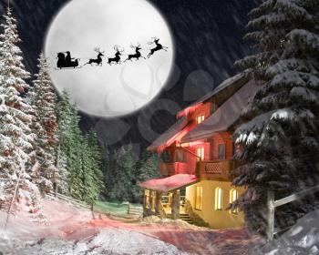 Christmas night. Santa and his reindeers riding against moon