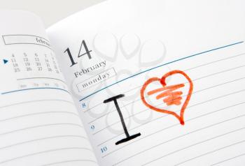 Diary page open to Valentine's Day February. I love...