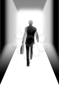 Silhouette of businessman walking to the light