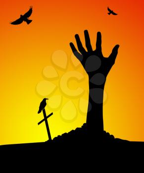 Zombie hand rising out of grave at sunset