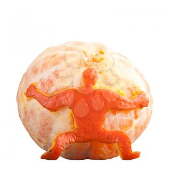 A strong man of peel holding big mandarin. Isolated