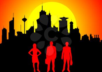 Silhouette of business team against downtown at sunset