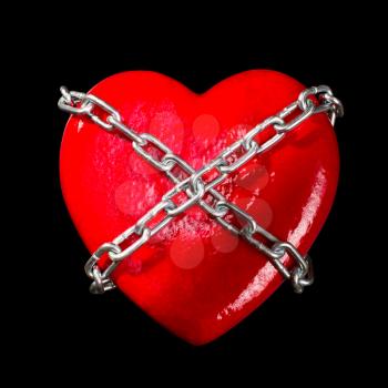 Chained red heart. Isolated on black