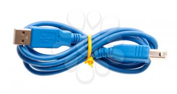 Close-up view of a blue USB cable. Isolated