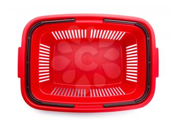 Red plastic basket for shopping. Isolated over white background.