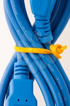Close-up view of a blue USB cable