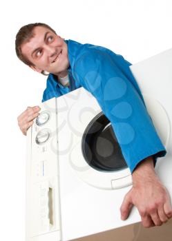 Ominous thief holding stolen washing machine. Isolated on white