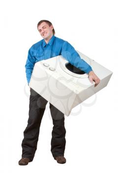 Repairman holding washing machine. Isolated on white
