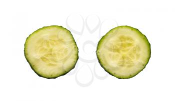 Two fresh slices of cucumber isolated on white background