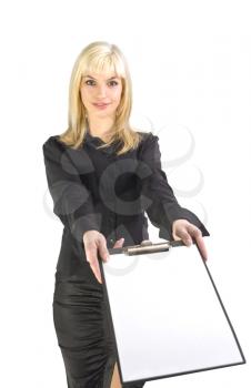 Businesswoman with clipboard. Isolated