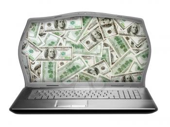 Fat laptop bulging with money. Isolated on white