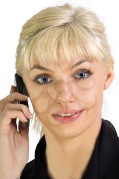 Portrait of business woman with phone. Isolated