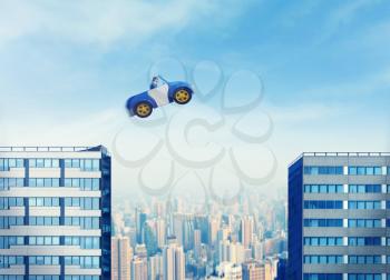 Businessman driving car jumping between two high buildings