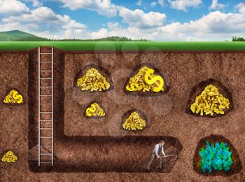 Businessman digs a tunnel to get precious stones underground